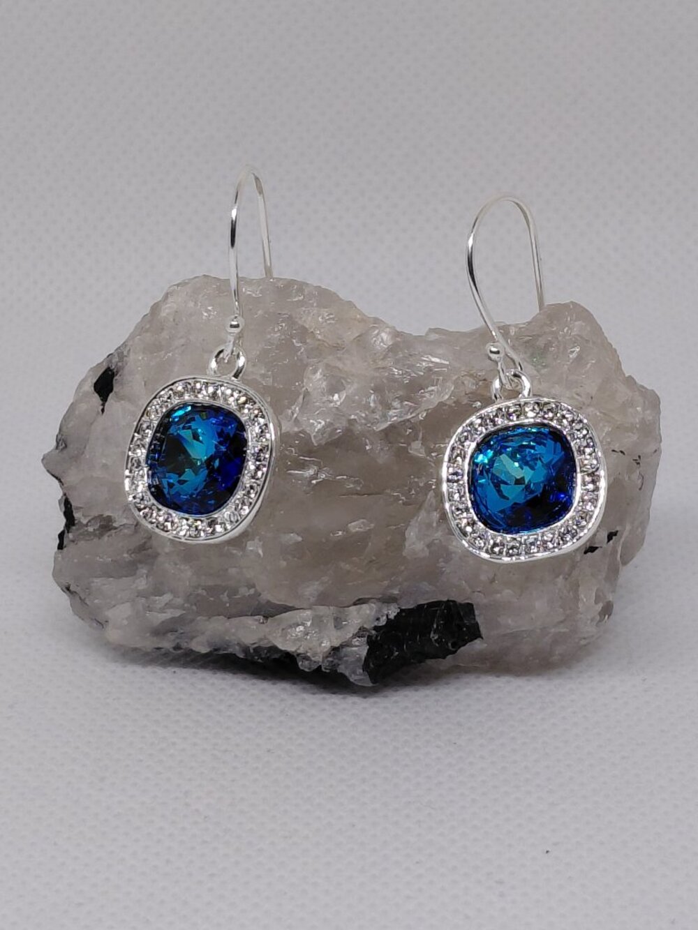 Artisan Swarovski Crystal Cushion-Cut Ocean Teal Blue Halo Earrings